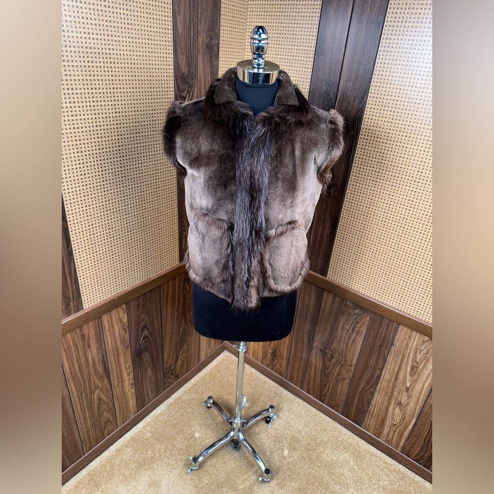 Morris Kaye & Sons Brown Long Haired & Sheared Beaver Fur Vest Jacket Coat XS